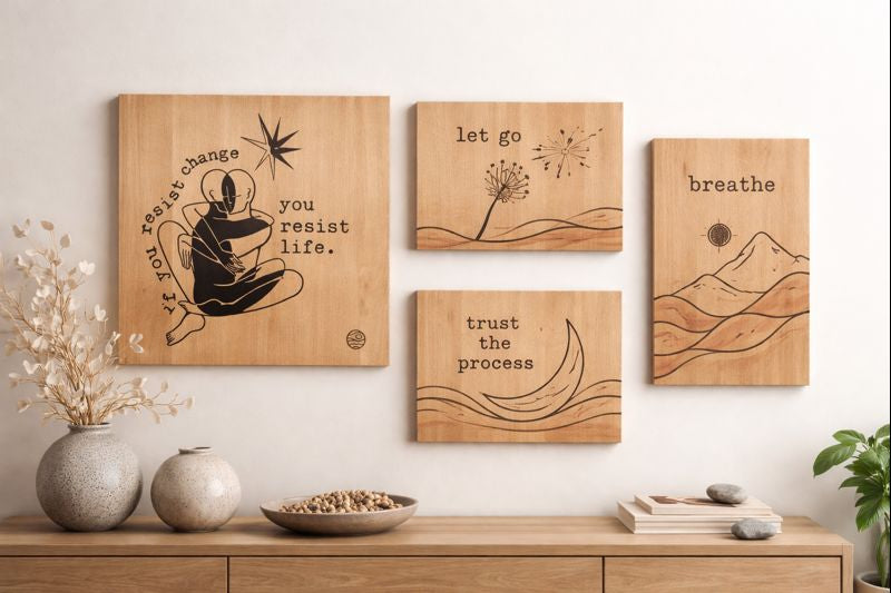 “Handcrafted wooden wall art with engraved words in a minimalist interior.”