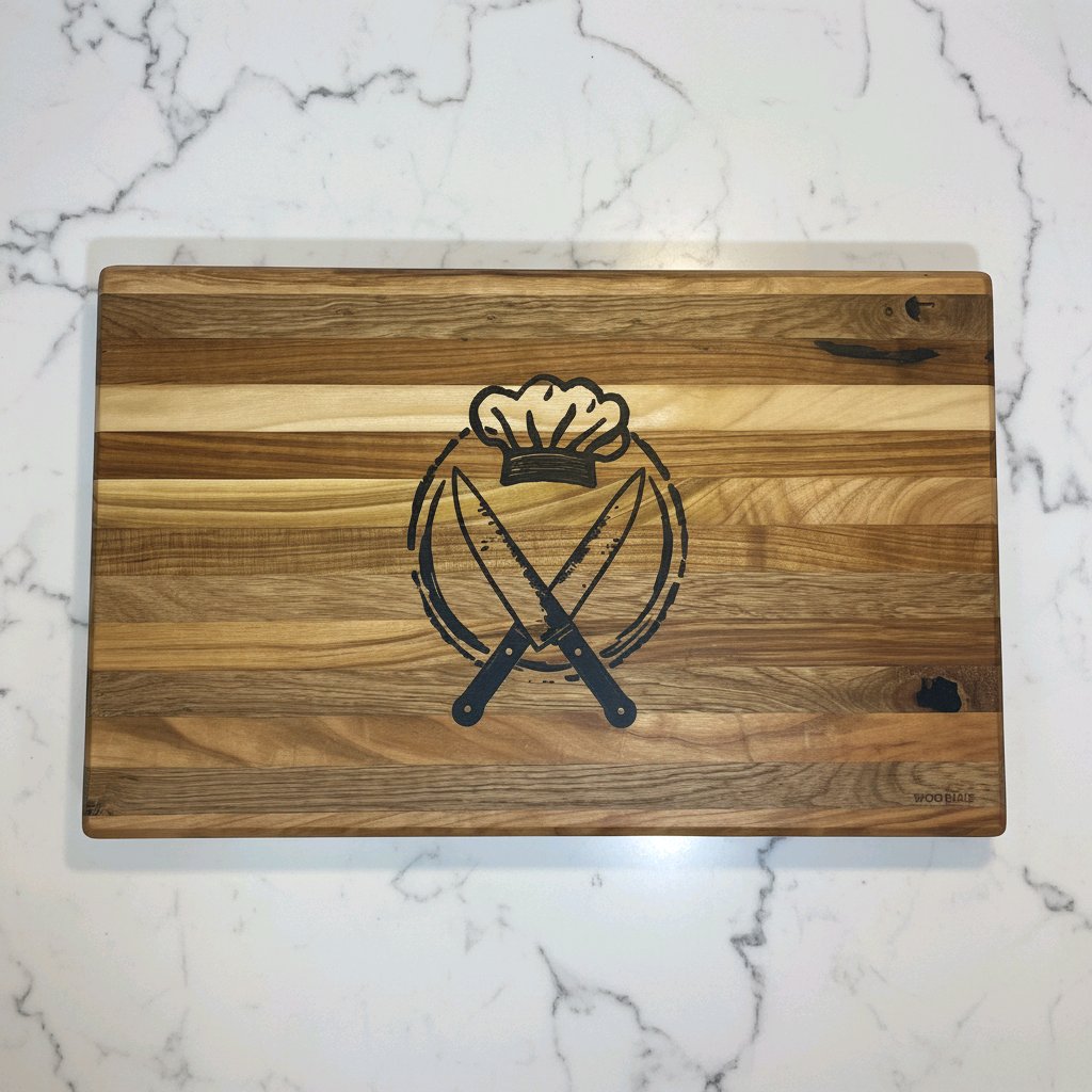 Wooden cutting board with a bread and knife design on a marble surface