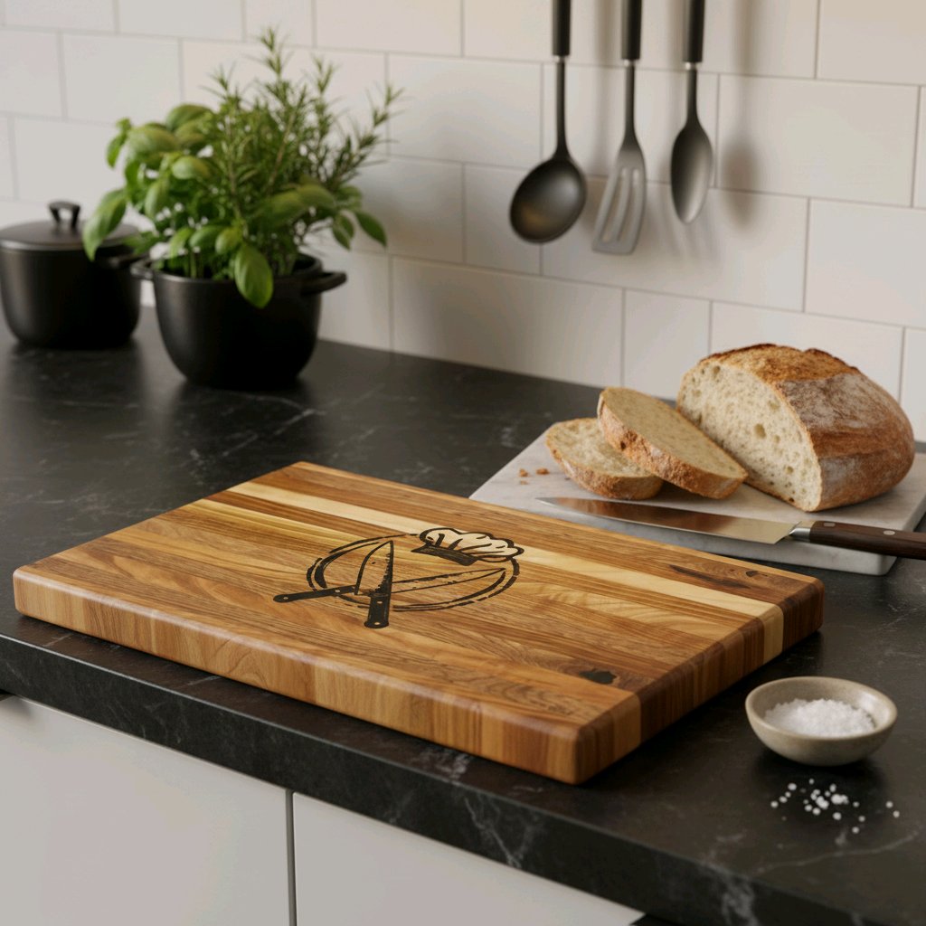 Wooden cutting board with pumpkin and knife design on a kitchen counter with bread and salt.