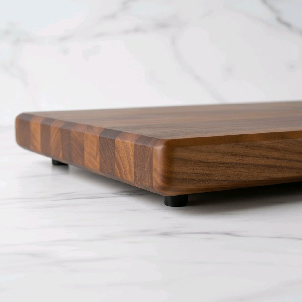 Wooden cutting board on a white marble surface