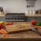 Wooden cutting board with a knife and vegetables on a kitchen counter