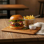 Hamburger and fries on a wooden board with a blurred background