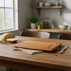 Wooden cutting board on a kitchen table with bread and a knife, natural light coming through a window.