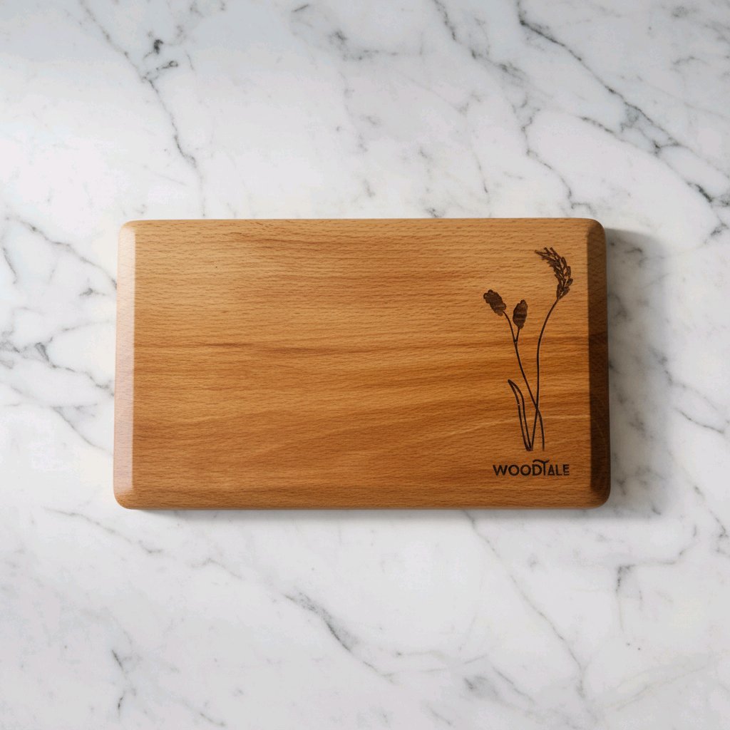 Wooden cutting board with engraved design on a marble surface