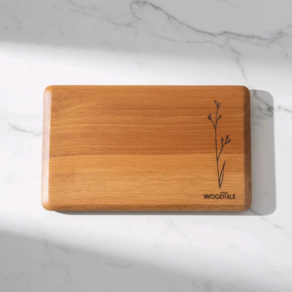 Wooden cutting board with engraved design and 'WOODIE' branding on a marble surface