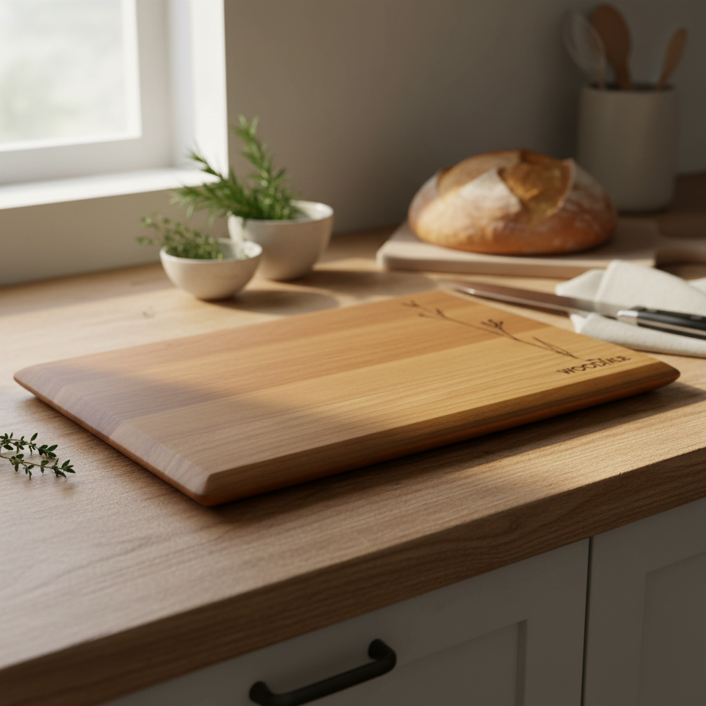 Wooden cutting board on a kitchen counter with bread and plants in the background