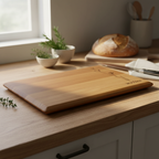 Wooden cutting board on a kitchen counter with bread and plants in the background