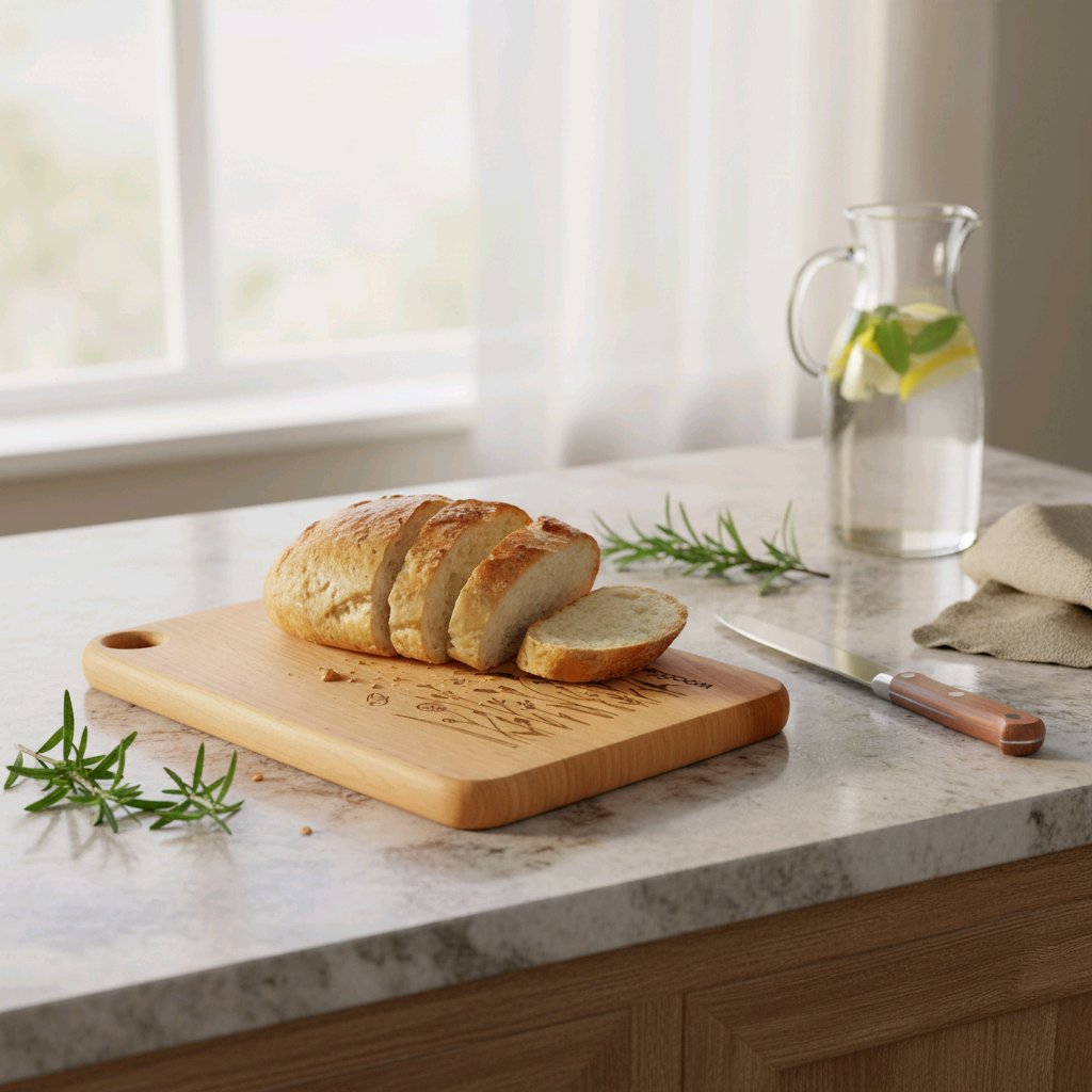 Loaf of bread on a cutting board with a knife and pitcher of water in a kitchen setting