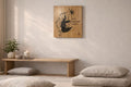 Minimalist room with wooden bench, cushions, and wall art.
