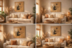 Collage of a living room with a beige sofa, decorative pillows, and a wall art piece.