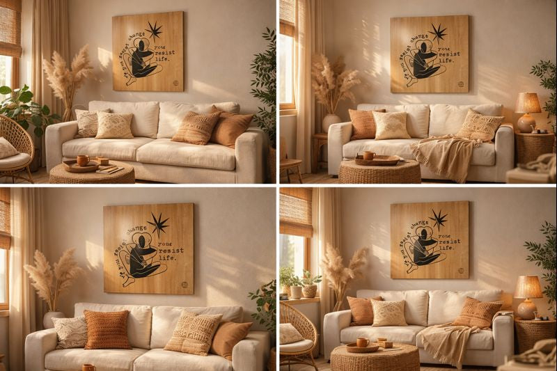 Collage of a living room with a beige sofa, decorative pillows, and a wall art piece.