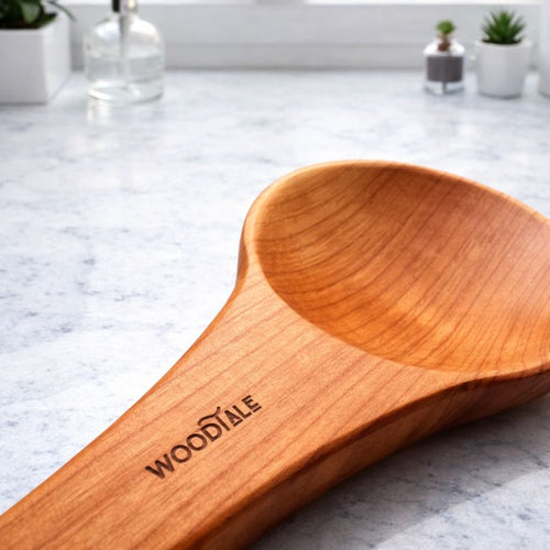 Wooden spoon with 'Woodtale' branding on a marble surface