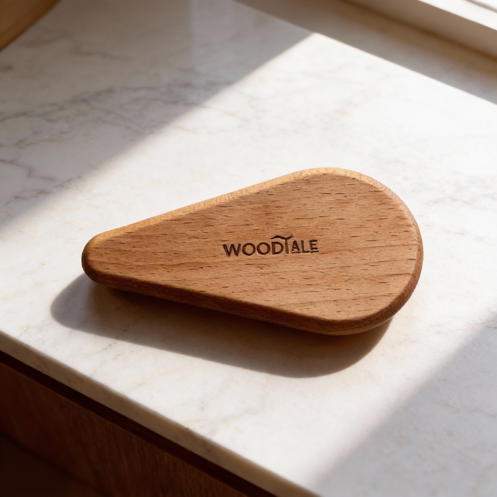 Wooden brush with 'WOODTALE' branding on a marble surface