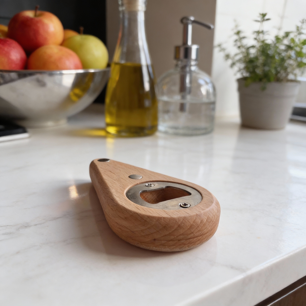 Wooden bottle opener on a kitchen counter with apples and a bottle in the background