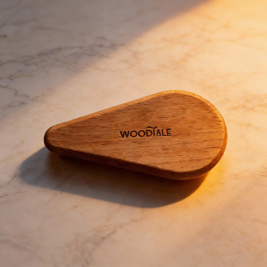 Wooden tool with 'WOODTALE' branding on a marble surface