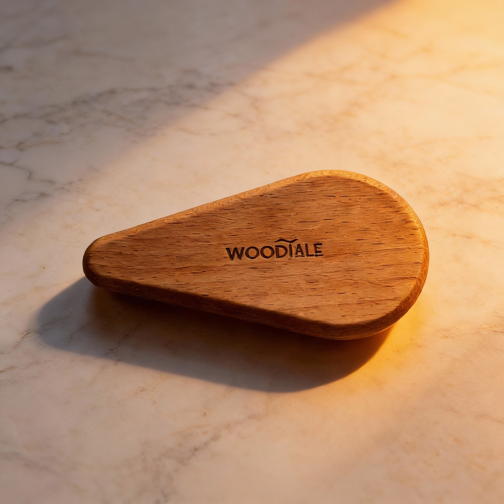 Wooden tool with 'WOODTALE' branding on a marble surface