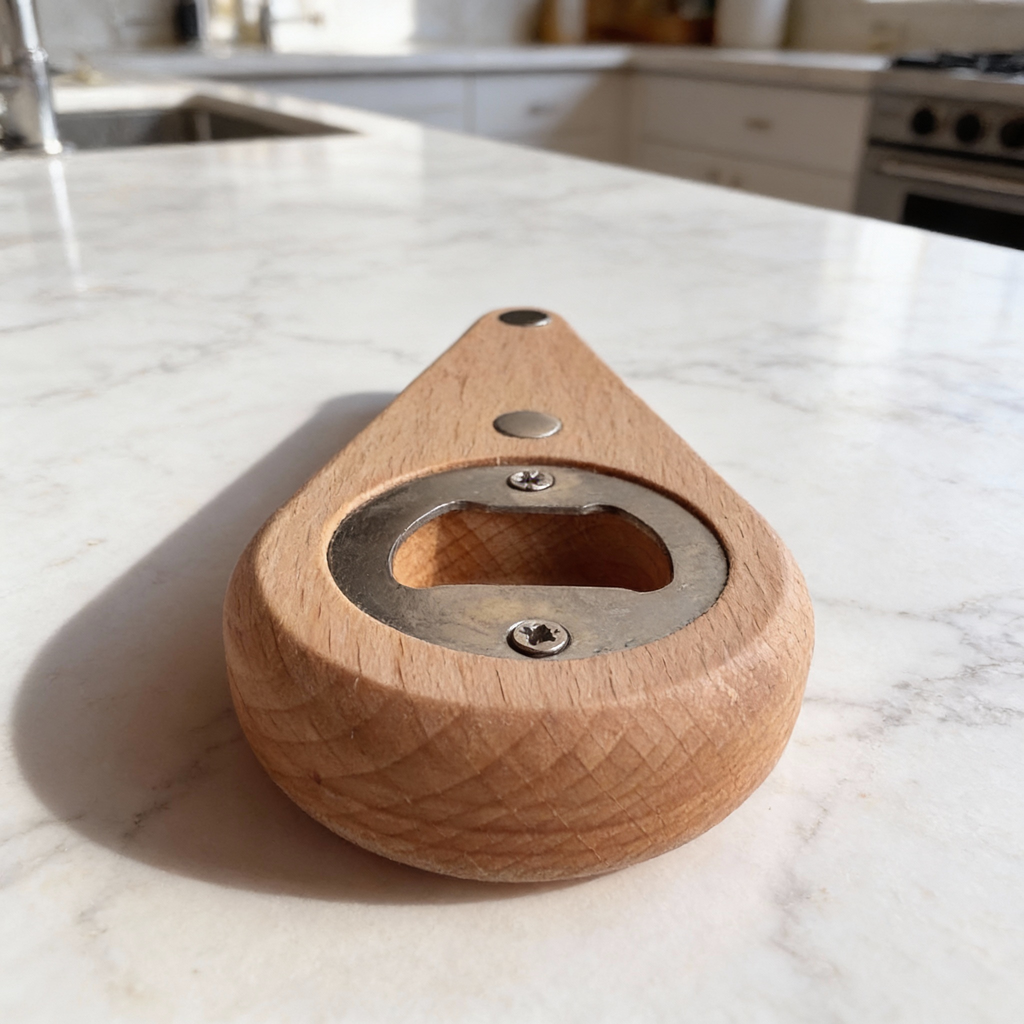 Wooden bottle opener on a marble kitchen counter