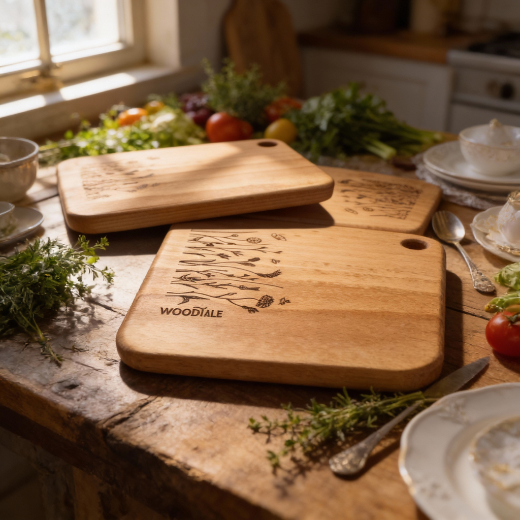 Wooden cutting boards with engraved designs on a rustic kitchen counter.