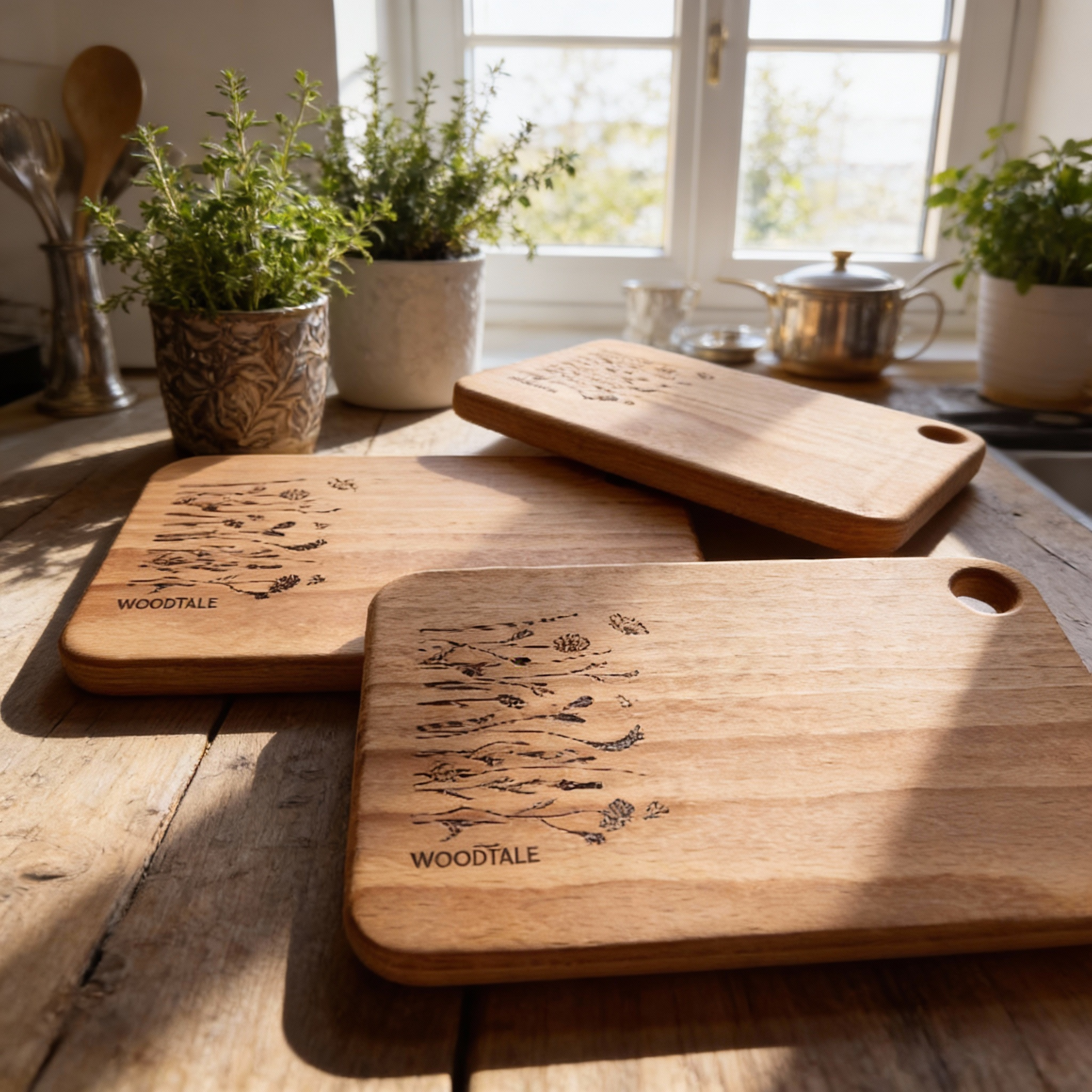 Wooden cutting boards with engraved designs on a wooden surface, sunlit by a window.
