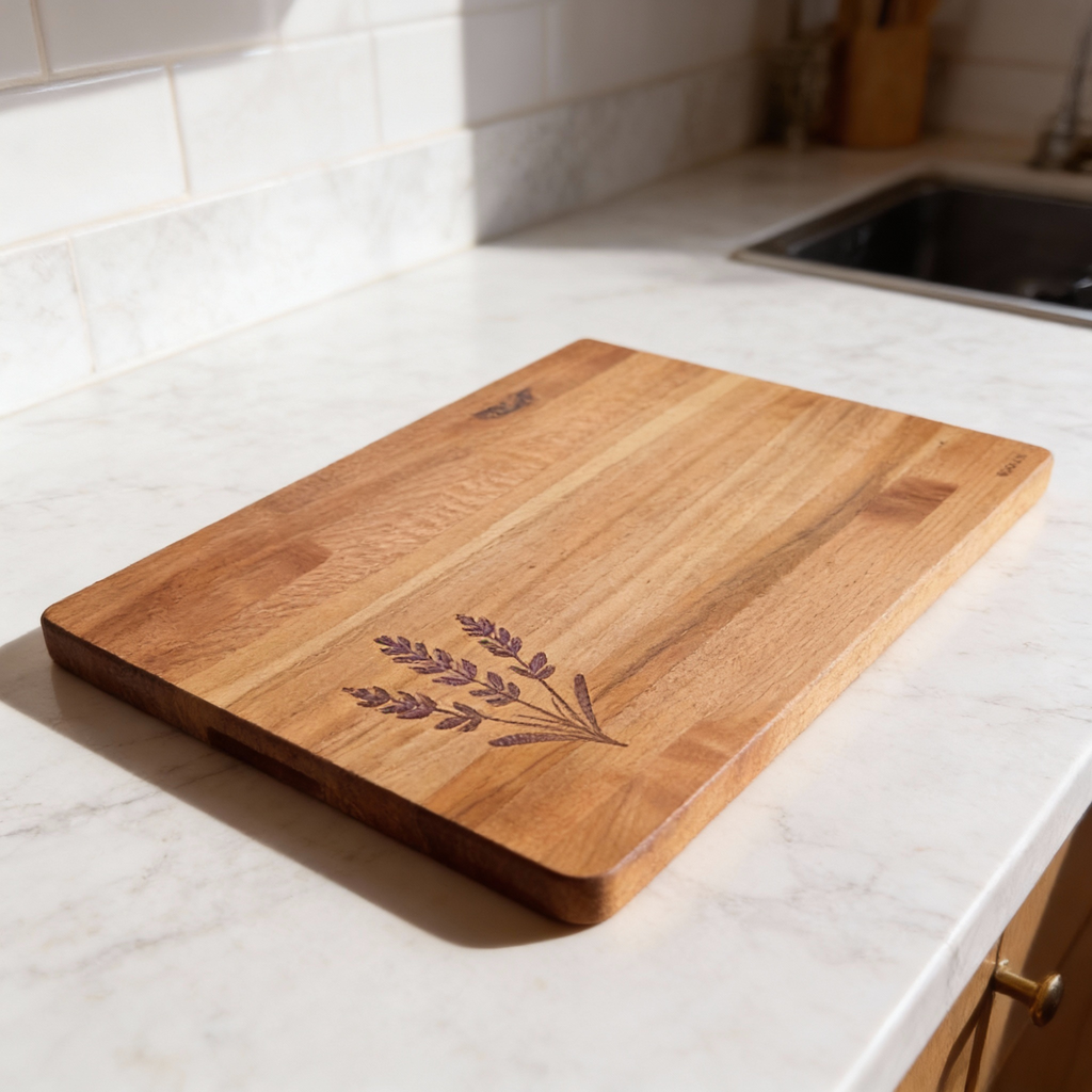 Wooden cutting board with laser engraving on a kitchen counter