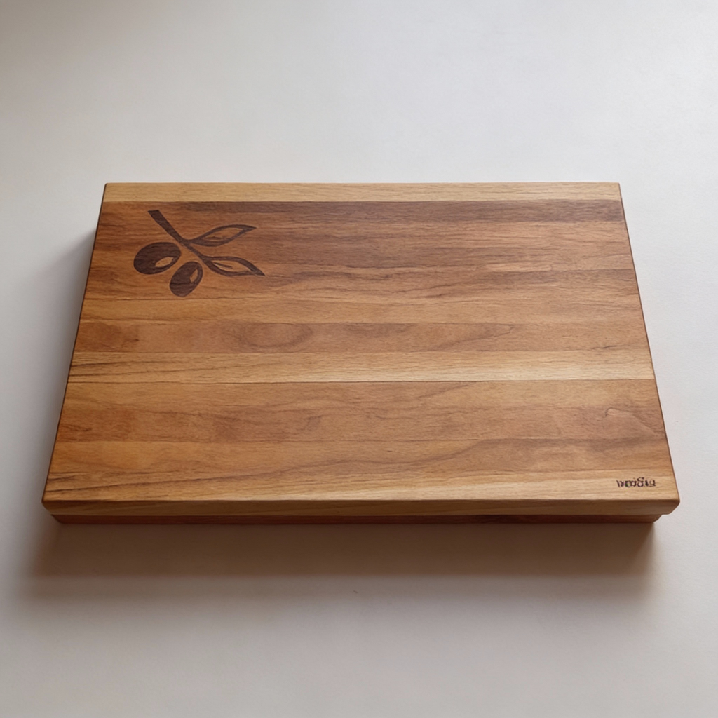 Wooden cutting board with olive design on a white background