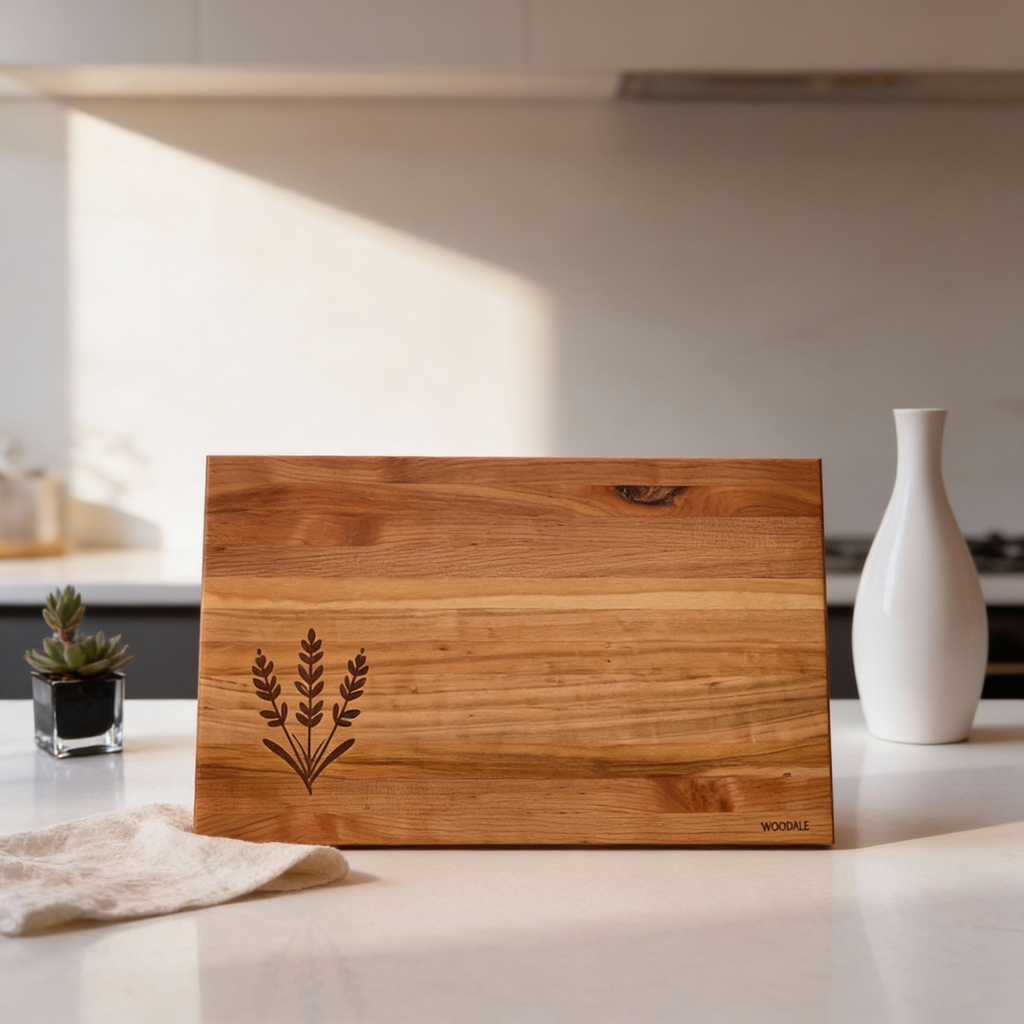 Wooden cutting board with engraved design on a kitchen counter