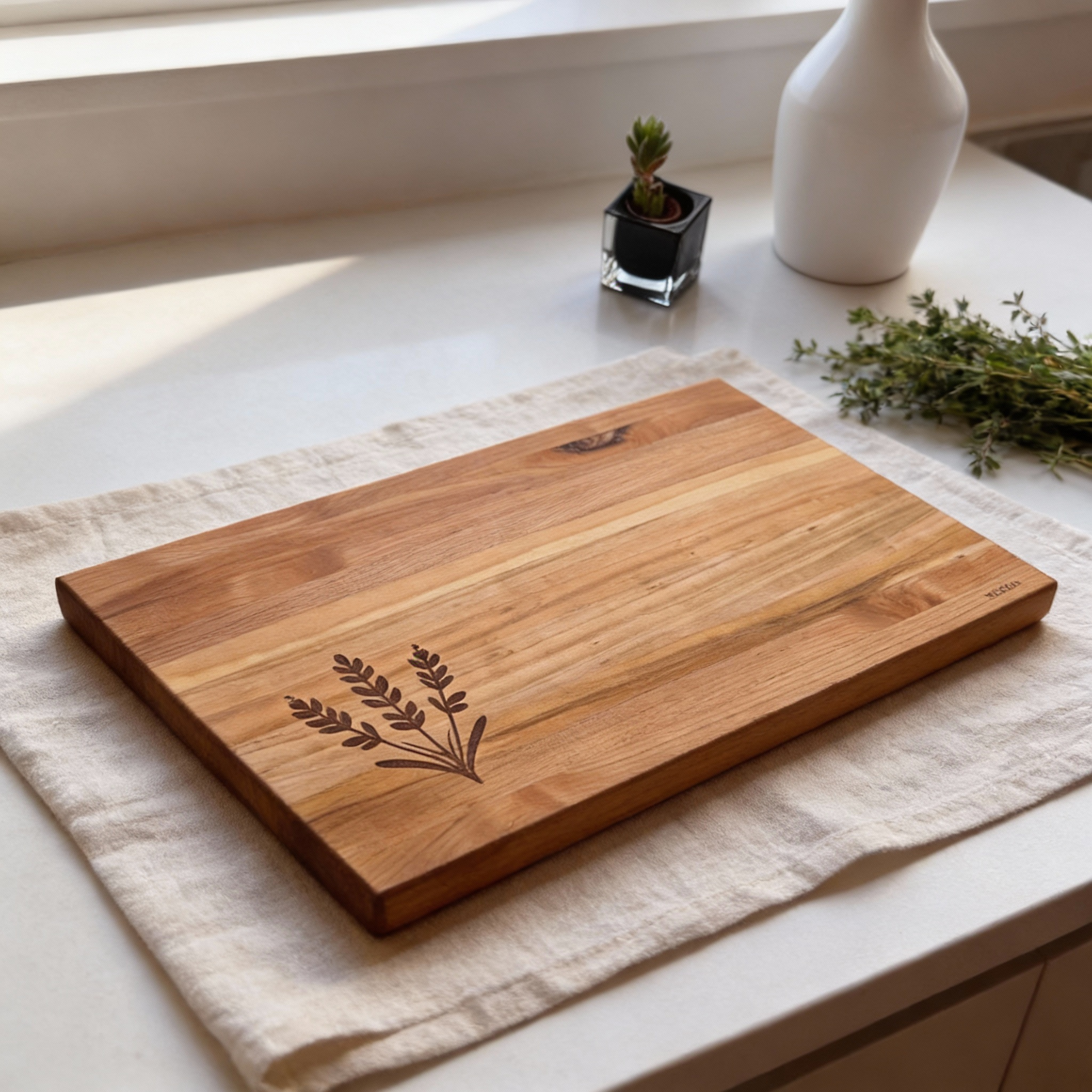 Wooden cutting board with engraved design on a kitchen counter