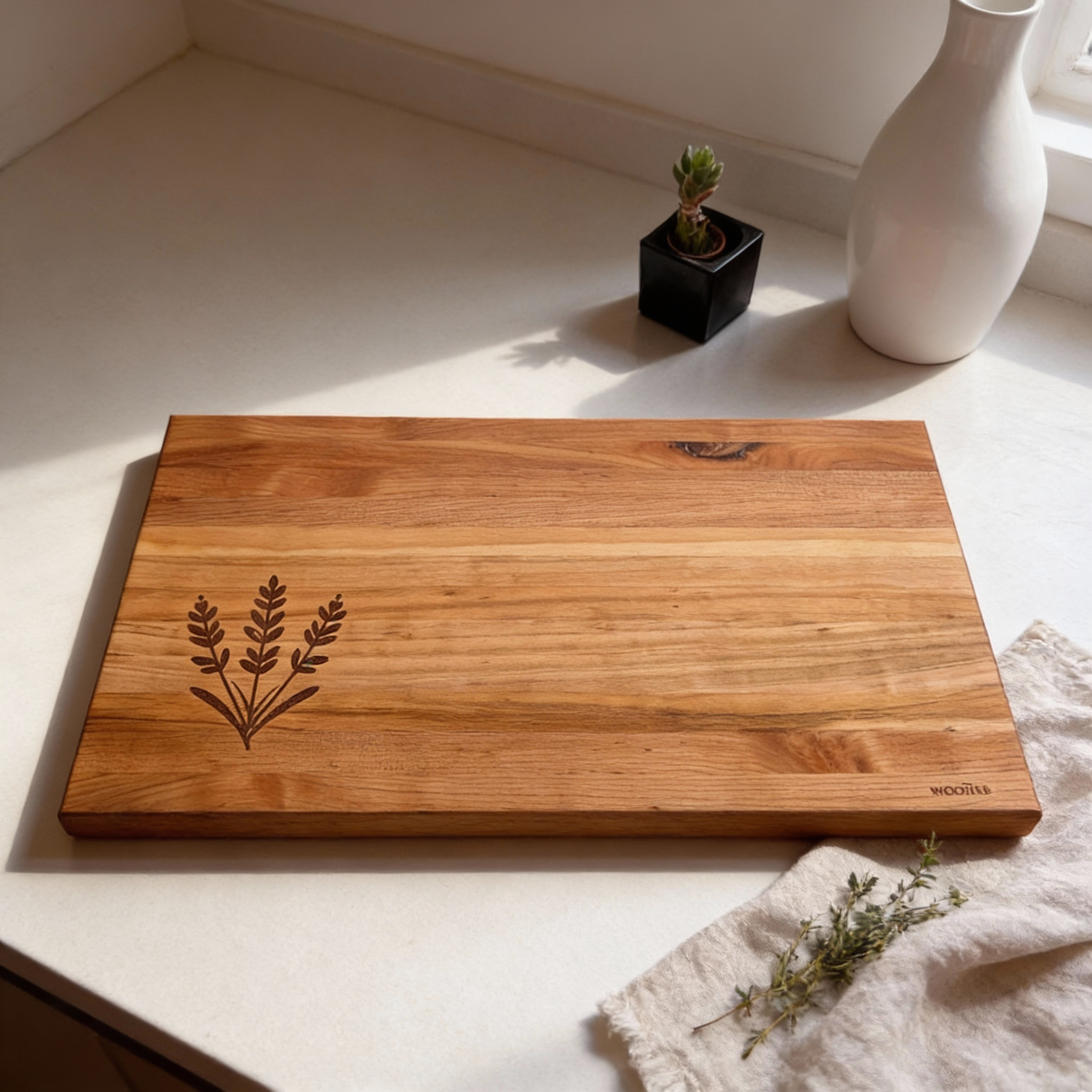 Wooden cutting board with engraved design on a light surface with a plant and vase in the background.