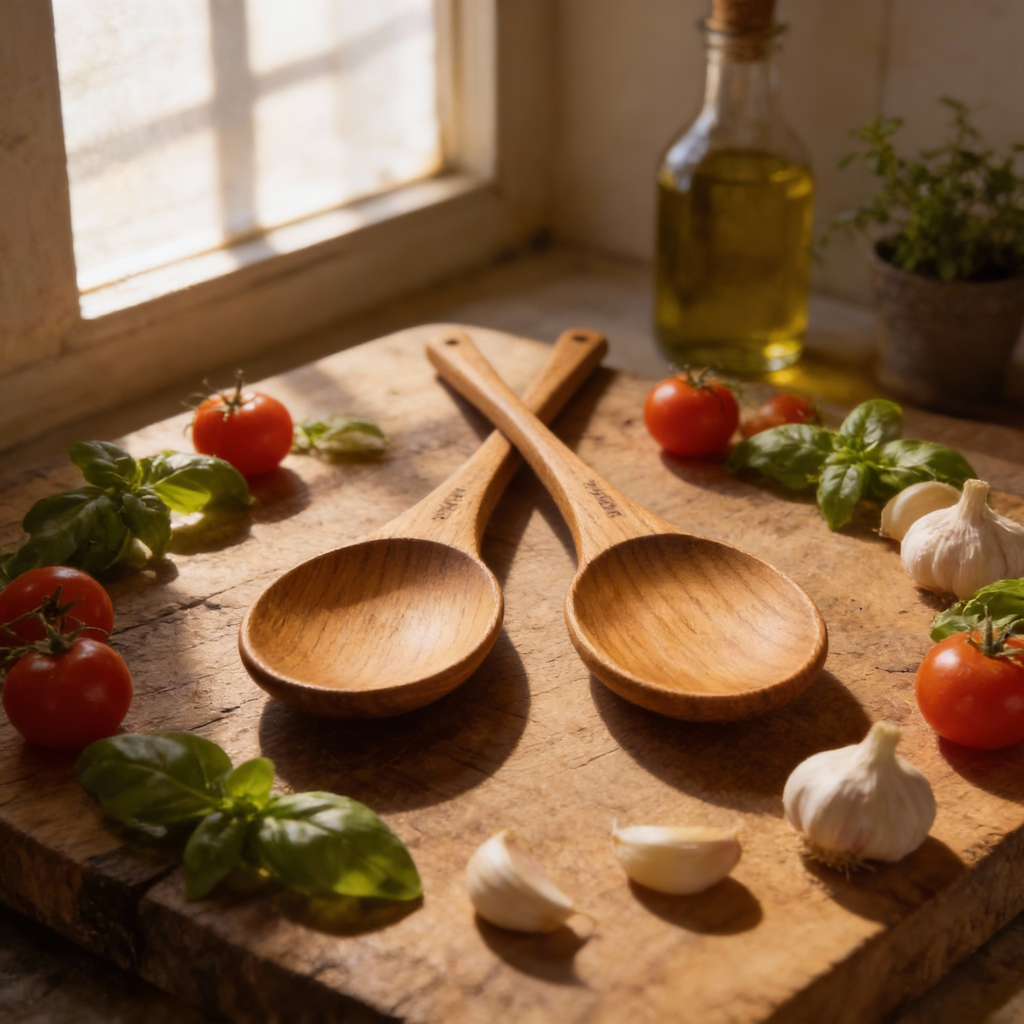 Wooden spoons on a wooden surface with tomatoes, basil, and garlic.