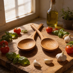 Wooden spoons on a wooden surface with tomatoes, basil, and garlic.