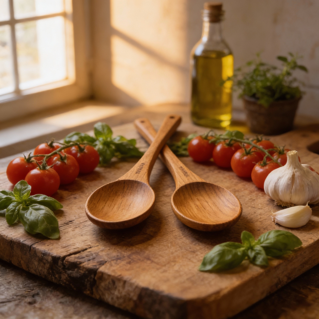 Wooden spoons on a wooden cutting board with tomatoes, basil, and garlic.