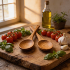 Wooden spoons on a wooden cutting board with tomatoes, basil, and garlic.