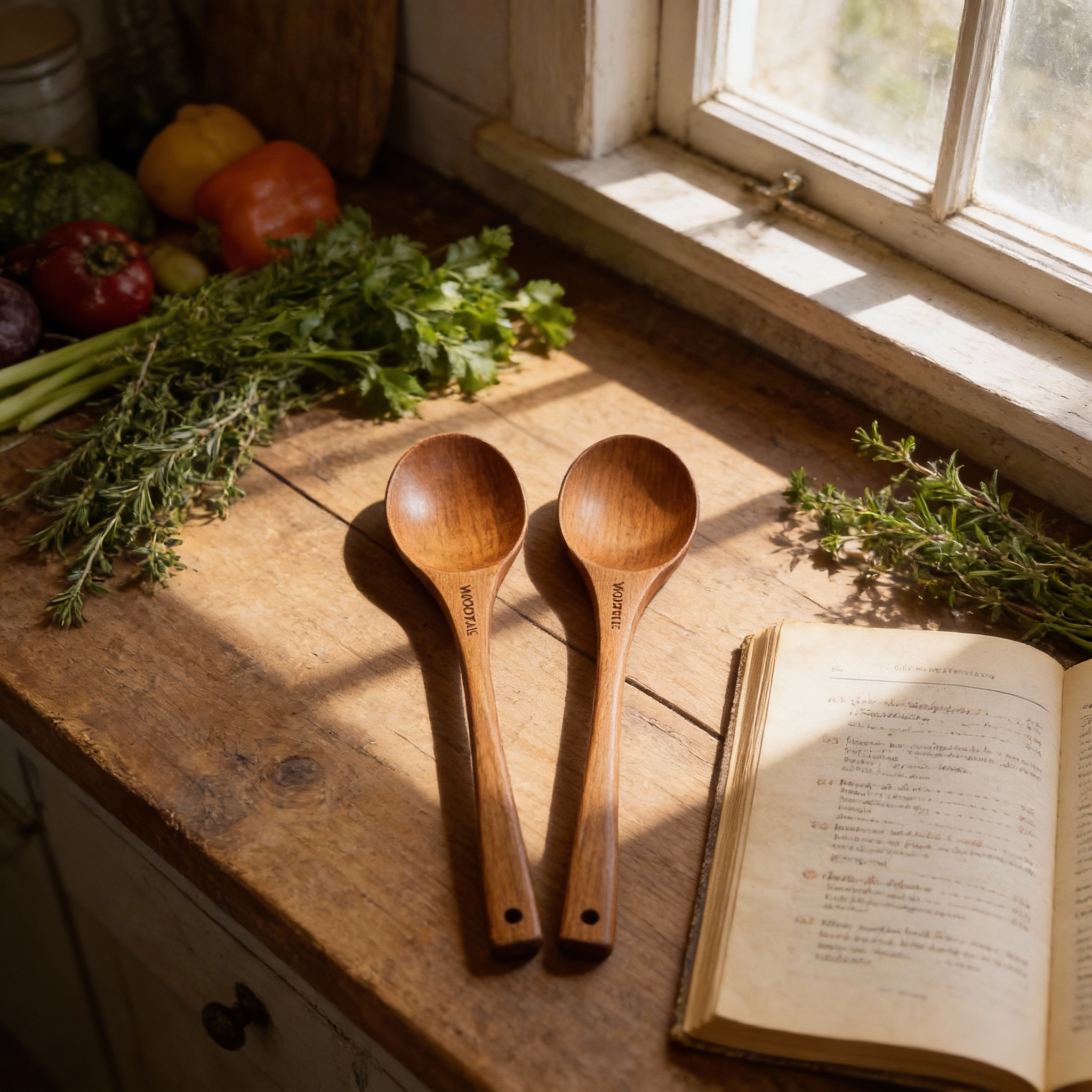 Wooden spoons on a wooden surface with an open book and fresh herbs near a window.