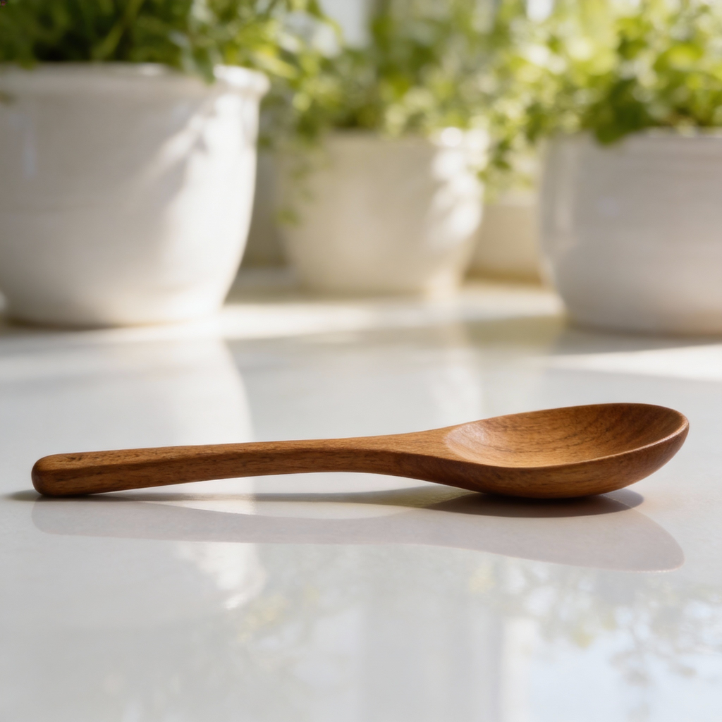 Wooden spoon on a white surface with potted plants in the background