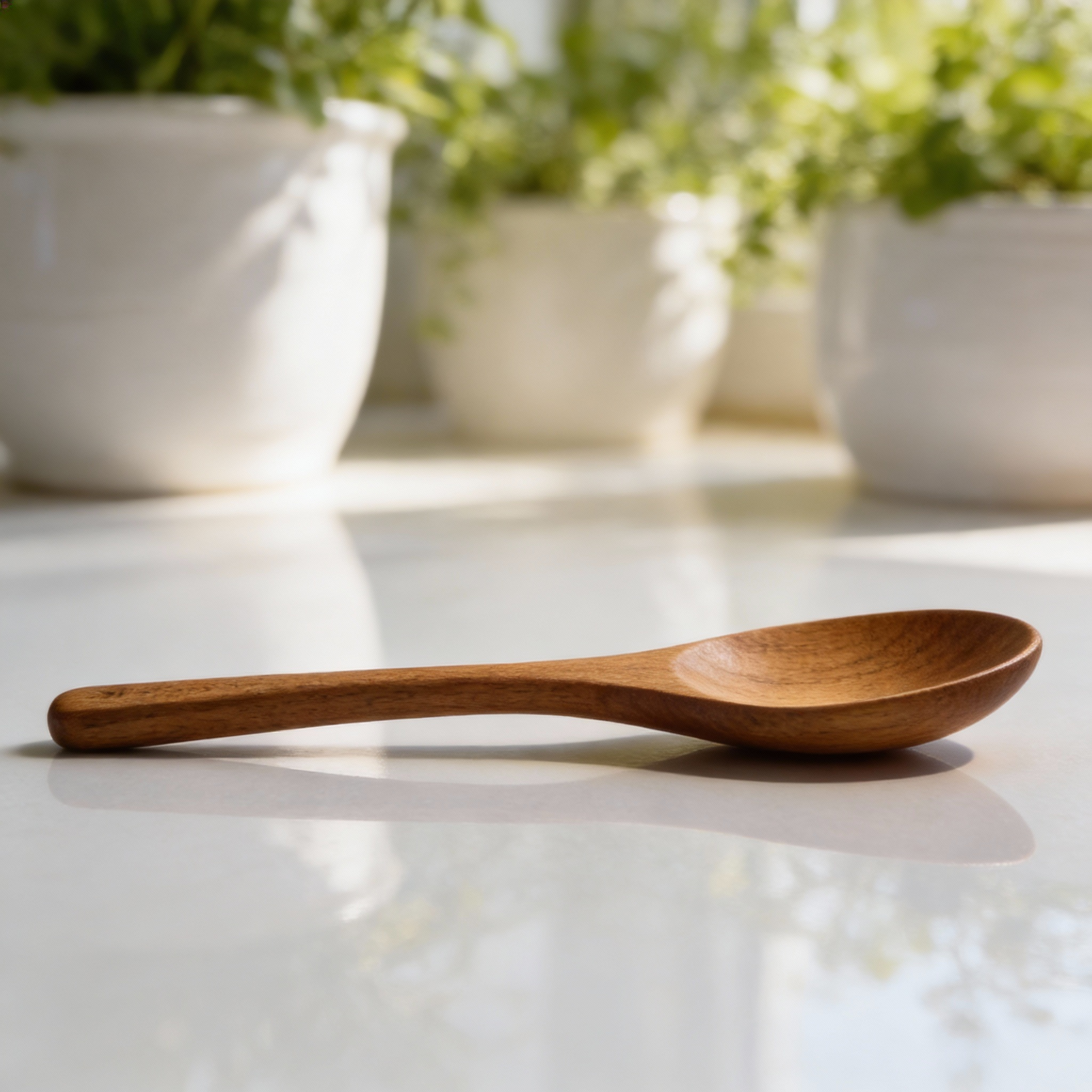 Wooden spoon on a white surface with potted plants in the background