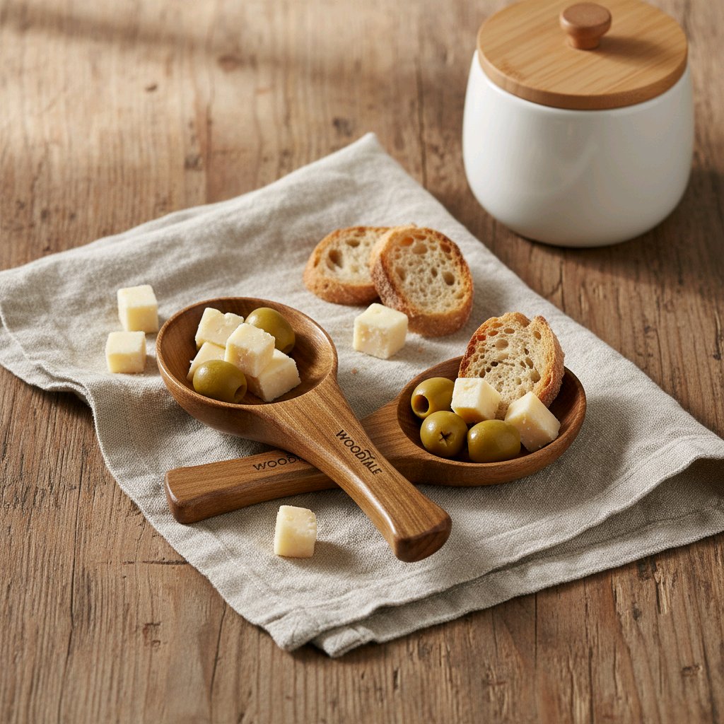 Wooden appetizer trays with cheese, olives, and bread on a wooden surface.